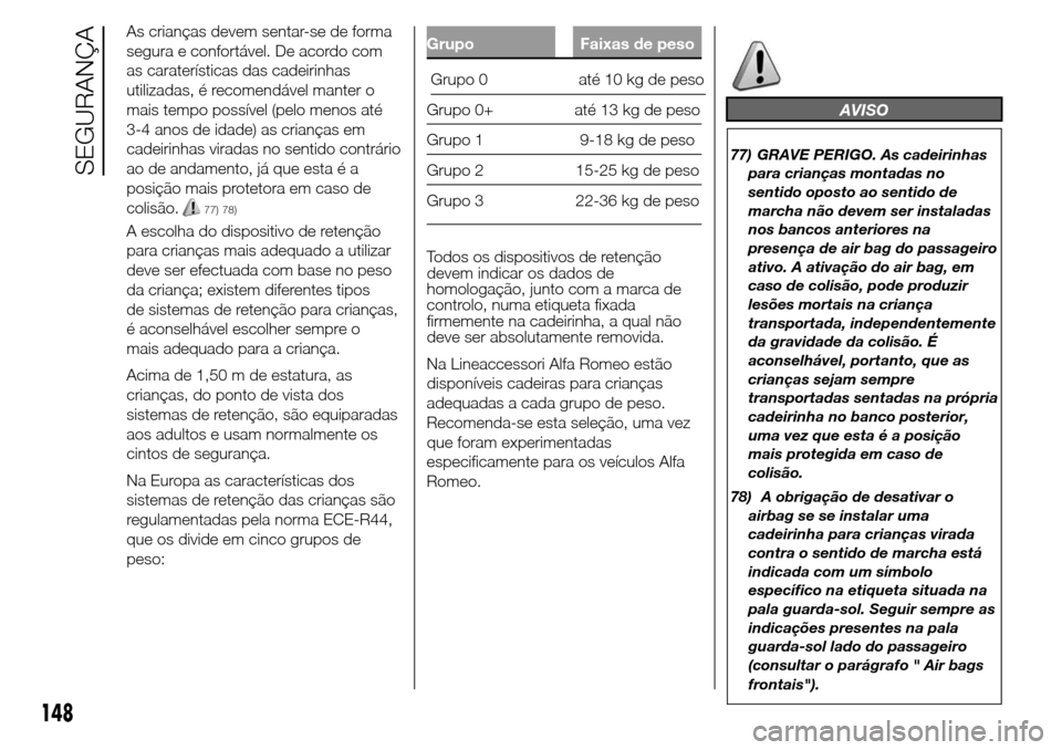 Alfa Romeo Giulietta 2016  Manual do proprietário (in Portuguese) As crianças devem sentar-se de forma
segura e confortável. De acordo com
as caraterísticas das cadeirinhas
utilizadas, é recomendável manter o
mais tempo possível (pelo menos até
3-4 anos de id