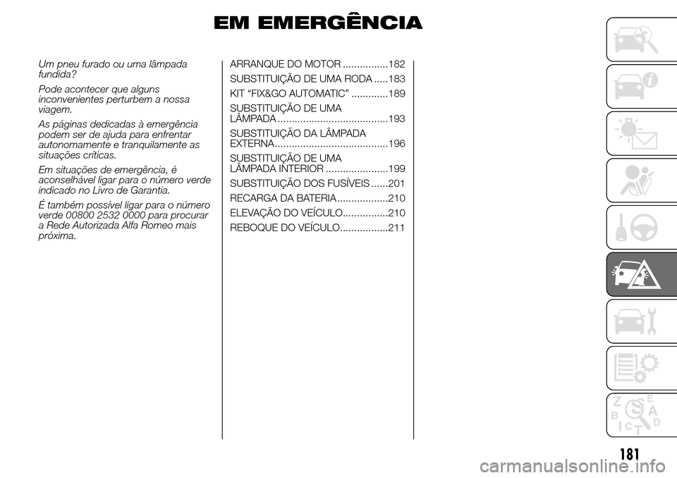 Alfa Romeo Giulietta 2016  Manual do proprietário (in Portuguese) EM EMERGÊNCIA
Um pneu furado ou uma lâmpada
fundida?
Pode acontecer que alguns
inconvenientes perturbem a nossa
viagem.
As páginas dedicadas à emergência
podem ser de ajuda para enfrentar
autonom