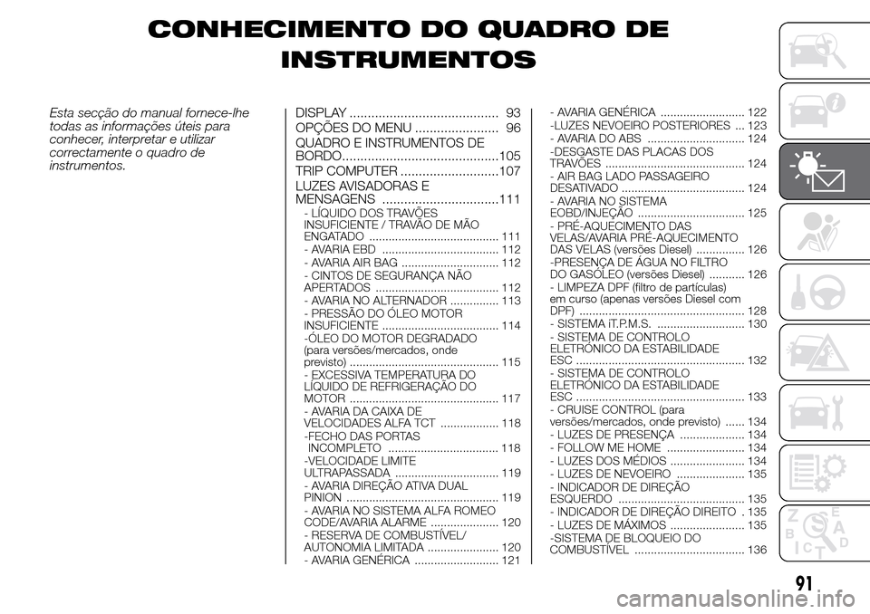 Alfa Romeo Giulietta 2016  Manual do proprietário (in Portuguese) CONHECIMENTO DO QUADRO DE
INSTRUMENTOS
Esta secção do manual fornece-lhe
todas as informações úteis para
conhecer, interpretar e utilizar
correctamente o quadro de
instrumentos.DISPLAY ..........