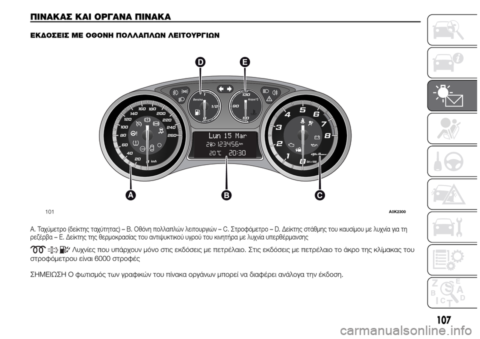 Alfa Romeo Giulietta 2016  Εγχειρίδιο χρήσης (in Greek) ΠΙΝΑΚΑΣ ΚΑΙ ΟΡΓΑΝΑ ΠΙΝΑΚΑ.
ΕΚΔΟΣΕΙΣ ΜΕ ΟΘΟΝΗ ΠΟΛΛΑΠΛΩΝ ΛΕΙΤΟΥΡΓΙΩΝ
A. Ταχύμετρο (δείκτης ταχύτητας) – B. Οθόνη 