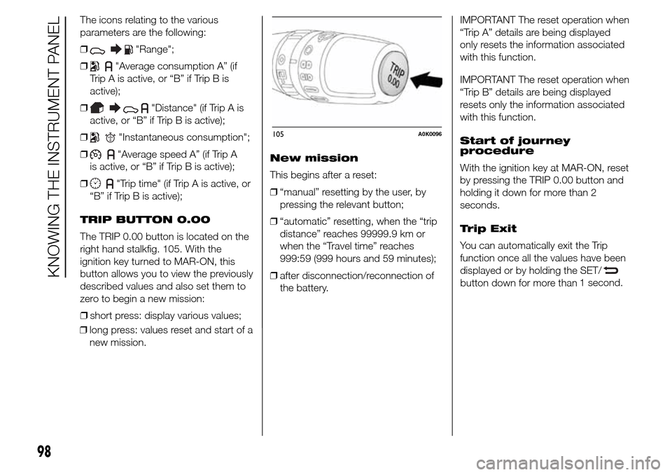 Alfa Romeo Giulietta 2015  Owners Manual The icons relating to the various
parameters are the following:
❒
"Range";
❒
"Average consumption A” (if
Trip A is active, or “B” if Trip B is
active);
❒
"Distance" (if Trip A is
active, o