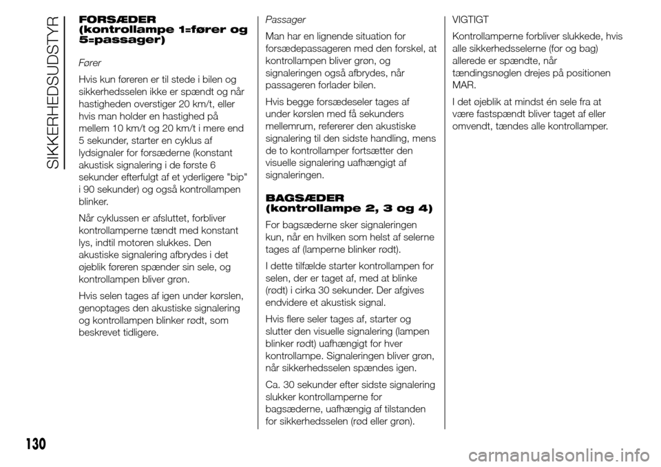 Alfa Romeo Giulietta 2015  Instruktionsbog (in Danish) FORSÆDER
(kontrollampe 1=fører og
5=passager)
Fører
Hvis kun føreren er til stede i bilen og
sikkerhedsselen ikke er spændt og når
hastigheden overstiger 20 km/t, eller
hvis man holder en hastig