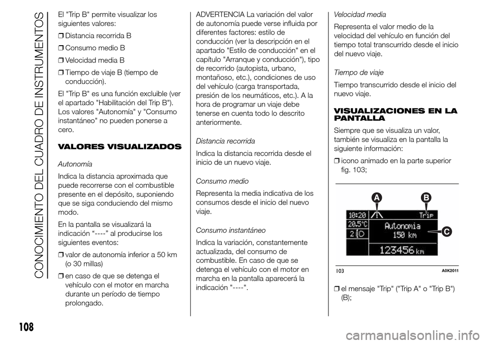 Alfa Romeo Giulietta 2015 Manual del propietario (in Spanish) El "Trip B" permite visualizar los
siguientes valores:
❒Distancia recorrida B
❒Consumo medio B
❒Velocidad media B
❒Tiempo de viaje B (tiempo de
conducción).
El "Trip B" es una función exclui Alfa Romeo Giulietta 2015 Manual del propietario (in Spanish) El "Trip B" permite visualizar los
siguientes valores:
❒Distancia recorrida B
❒Consumo medio B
❒Velocidad media B
❒Tiempo de viaje B (tiempo de
conducción).
El "Trip B" es una función exclui
