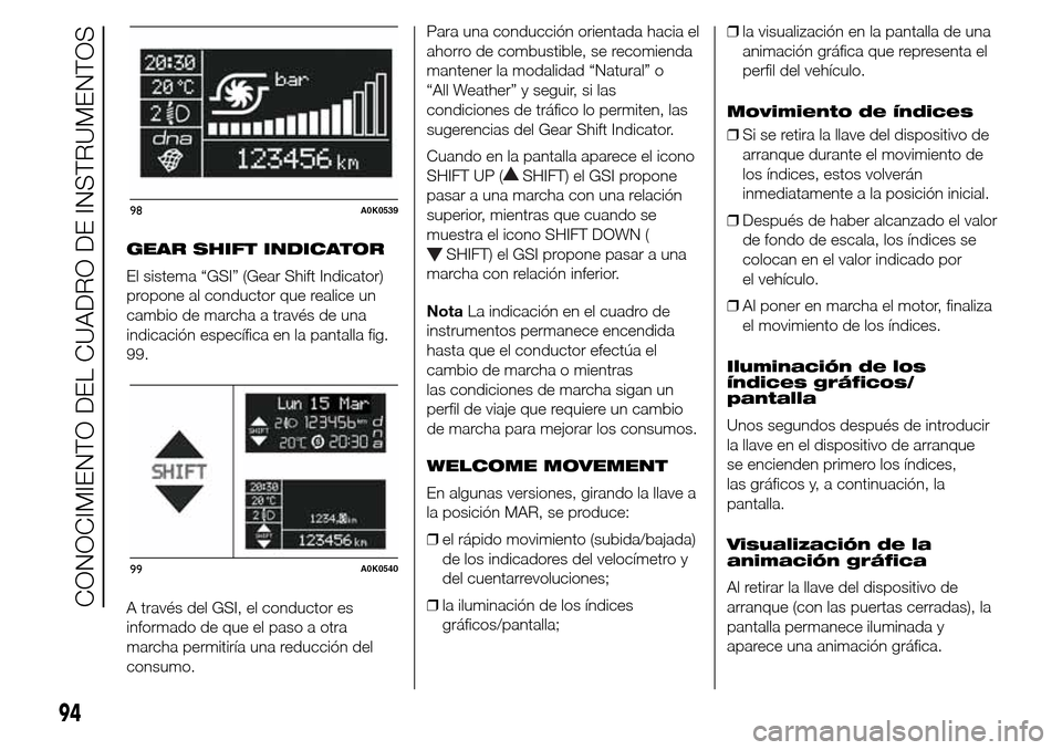 Alfa Romeo Giulietta 2015 Manual del propietario (in Spanish) GEAR SHIFT INDICATOR
El sistema “GSI” (Gear Shift Indicator)
propone al conductor que realice un
cambio de marcha a través de una
indicación específica en la pantalla fig.
99.
A través del GSI Alfa Romeo Giulietta 2015 Manual del propietario (in Spanish) GEAR SHIFT INDICATOR
El sistema “GSI” (Gear Shift Indicator)
propone al conductor que realice un
cambio de marcha a través de una
indicación específica en la pantalla fig.
99.
A través del GSI