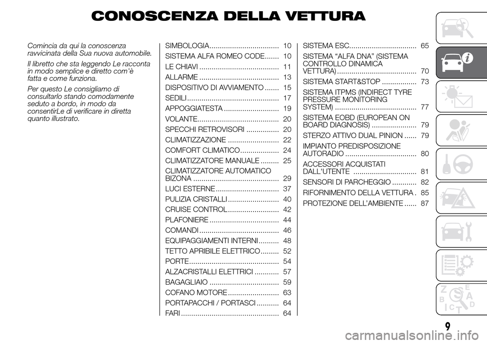 Alfa Romeo Giulietta 2015  Manuale del proprietario (in Italian) CONOSCENZA DELLA VETTURA
Comincia da qui la conoscenza
ravvicinata della Sua nuova automobile.
Il libretto che sta leggendo Le racconta
in modo semplice e diretto comè
fatta e come funziona.
Per que