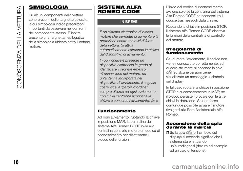 Alfa Romeo Giulietta 2015  Manuale del proprietario (in Italian) SIMBOLOGIA
Su alcuni componenti della vettura
sono presenti delle targhette colorate,
la cui simbologia indica precauzioni
importanti da osservare nei confronti
del componente stesso. È inoltre
prese
