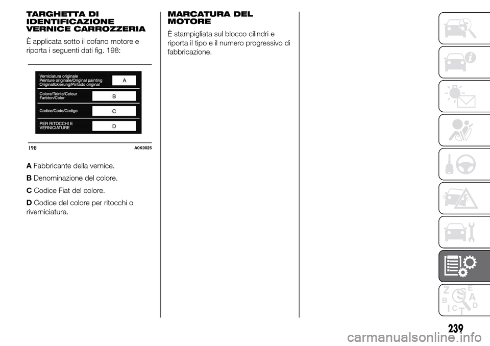 Alfa Romeo Giulietta 2015  Manuale del proprietario (in Italian) MARCATURA DEL
MOTORE
È stampigliata sul blocco cilindri e
riporta il tipo e il numero progressivo di
fabbricazione.
239
TARGHETTA DI
IDENTIFICAZIONE
VERNICE CARROZZERIA
È applicata sotto il cofano m