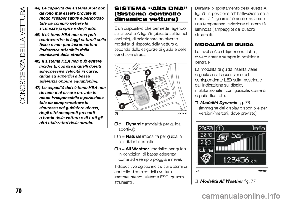 Alfa Romeo Giulietta 2015  Manuale del proprietario (in Italian) 44) Le capacità del sistema ASR non
devono mai essere provate in
modo irresponsabile e pericoloso
tale da compromettere la
sicurezza propria e degli altri.
45) Il sistema HBA non non può
controverti