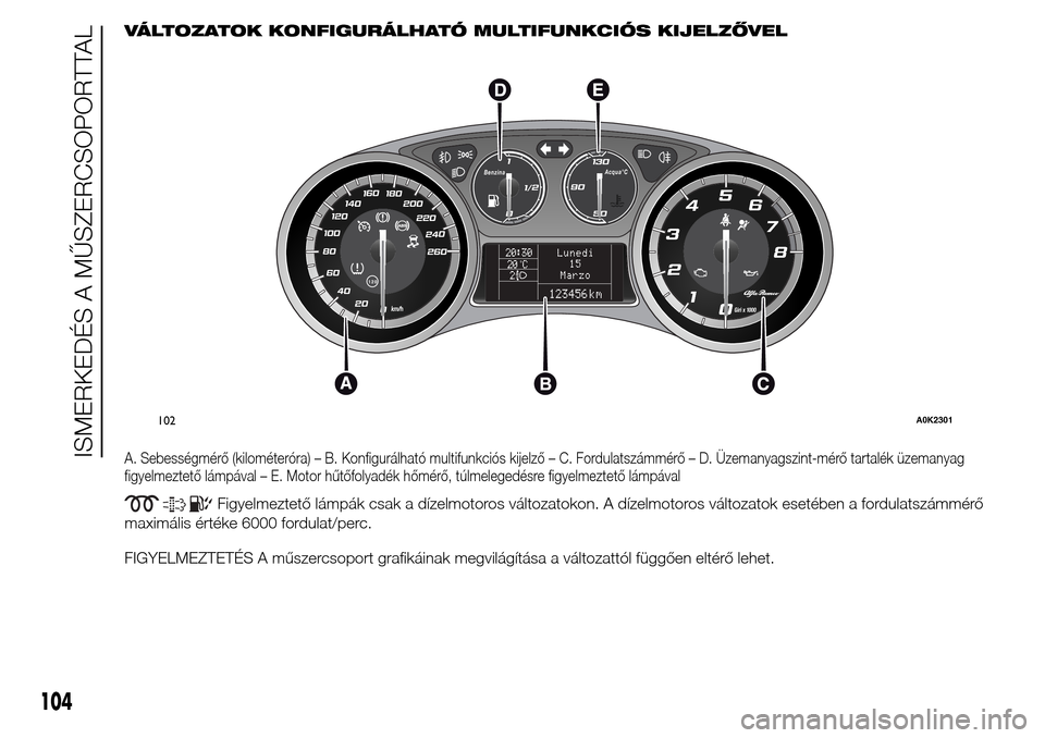 Alfa Romeo Giulietta 2015  Kezelési útmutató (in Hungarian) VÁLTOZATOK KONFIGURÁLHATÓ MULTIFUNKCIÓS KIJELZŐVEL
A. Sebességmérő (kilométeróra) – B. Konfigurálható multifunkciós kijelző – C. Fordulatszámmérő – D. Üzemanyagszint-mérő tar