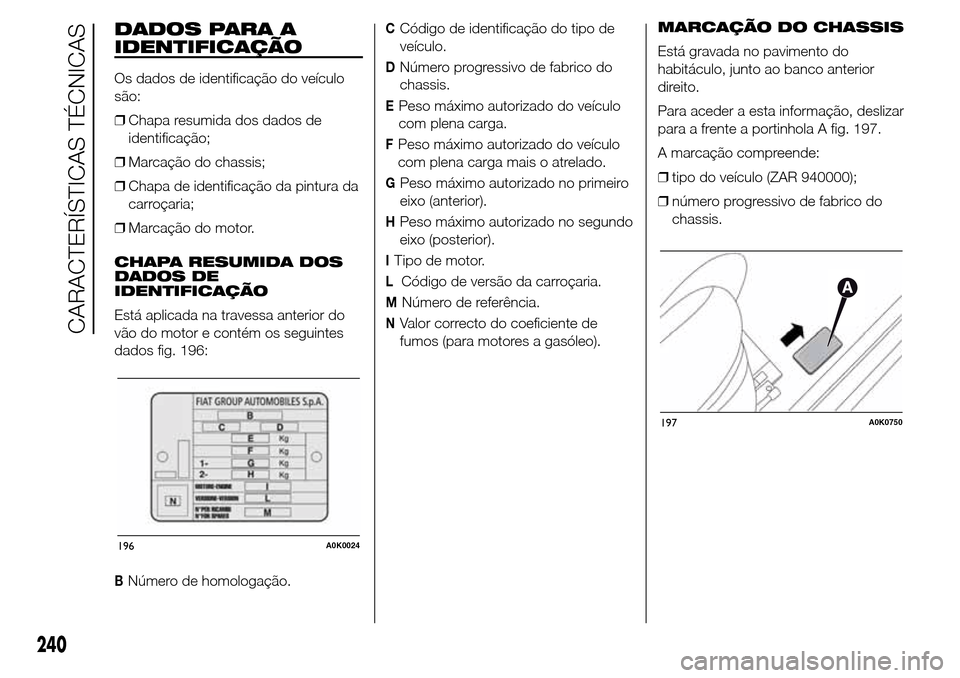 Alfa Romeo Giulietta 2015 Manual do proprietário (in Portuguese) DADOS PARA A
IDENTIFICAÇÃO
Os dados de identificação do veículo
são:
❒Chapa resumida dos dados de
identificação;
❒Marcação do chassis;
❒Chapa de identificação da pintura da
carroçar Alfa Romeo Giulietta 2015 Manual do proprietário (in Portuguese) DADOS PARA A
IDENTIFICAÇÃO
Os dados de identificação do veículo
são:
❒Chapa resumida dos dados de
identificação;
❒Marcação do chassis;
❒Chapa de identificação da pintura da
carroçar