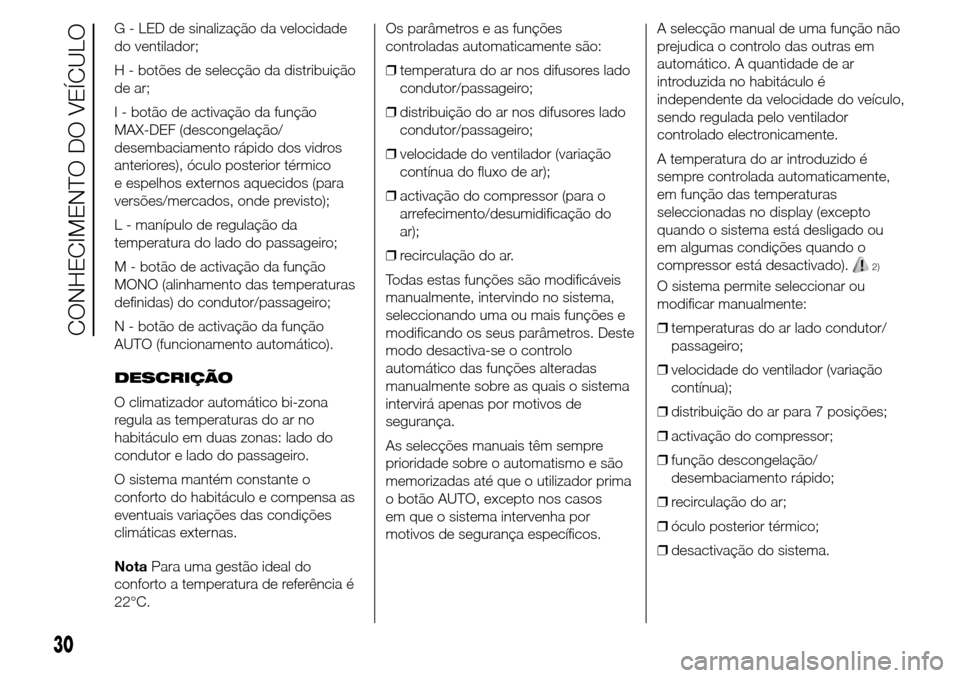 Alfa Romeo Giulietta 2015 Manual do proprietário (in Portuguese) G - LED de sinalização da velocidade
do ventilador;
H - botões de selecção da distribuição
de ar;
I - botão de activação da função
MAX-DEF (descongelação/
desembaciamento rápido dos vid Alfa Romeo Giulietta 2015 Manual do proprietário (in Portuguese) G - LED de sinalização da velocidade
do ventilador;
H - botões de selecção da distribuição
de ar;
I - botão de activação da função
MAX-DEF (descongelação/
desembaciamento rápido dos vid