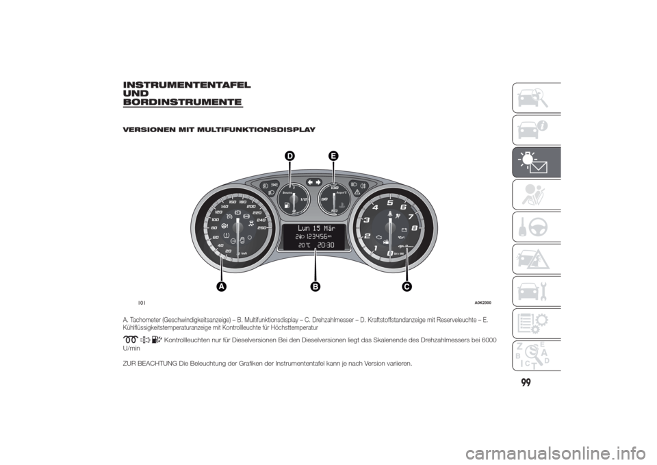 Alfa Romeo Giulietta 2014  Betriebsanleitung (in German) INSTRUMENTENTAFEL
UND
BORDINSTRUMENTE
.
VERSIONEN MIT MULTIFUNKTIONSDISPLAYA. Tachometer (Geschwindigkeitsanzeige) – B. Multifunktionsdisplay – C. Drehzahlmesser – D. Kraftstoffstandanzeige mit 