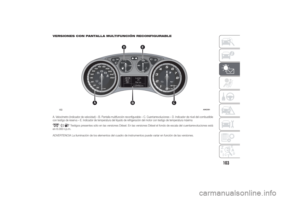 Alfa Romeo Giulietta 2014  Manual del propietario (in Spanish) VERSIONES CON PANTALLA MULTIFUNCIÓN RECONFIGURABLEA. Velocímetro (indicador de velocidad) – B. Pantalla multifunción reconfigurable – C. Cuentarrevoluciones – D. Indicador de nivel del combus