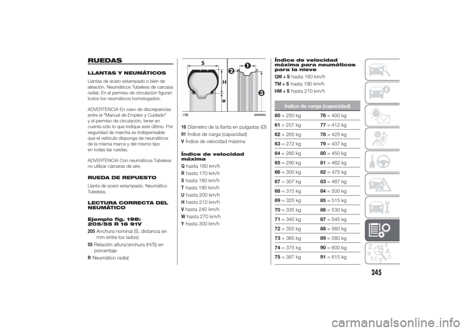 Alfa Romeo Giulietta 2014  Manual del propietario (in Spanish) RUEDASLLANTAS Y NEUMÁTICOS
Llantas de acero estampado o bien de
aleación. Neumáticos Tubeless de carcasa
radial. En el permiso de circulación figuran
todos los neumáticos homologados.
ADVERTENCIA