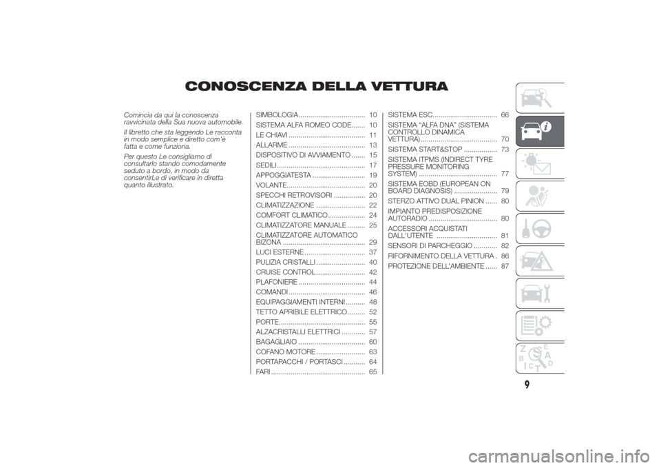 Alfa Romeo Giulietta 2014  Manuale del proprietario (in Italian) CONOSCENZA DELLA VETTURA
Comincia da qui la conoscenza
ravvicinata della Sua nuova automobile.
Il libretto che sta leggendo Le racconta
in modo semplice e diretto comè
fatta e come funziona.
Per que