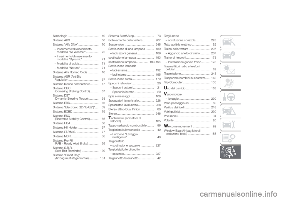 Alfa Romeo Giulietta 2014 Manuale del proprietario (in Italian) Simbologia ..................................... 10
Sistema ABS.................................. 66
Sistema "Alfa DNA" ........................ 70
– Inserimento/disinserimento
modalità "All Wearhe Alfa Romeo Giulietta 2014 Manuale del proprietario (in Italian) Simbologia ..................................... 10
Sistema ABS.................................. 66
Sistema "Alfa DNA" ........................ 70
– Inserimento/disinserimento
modalità "All Wearhe