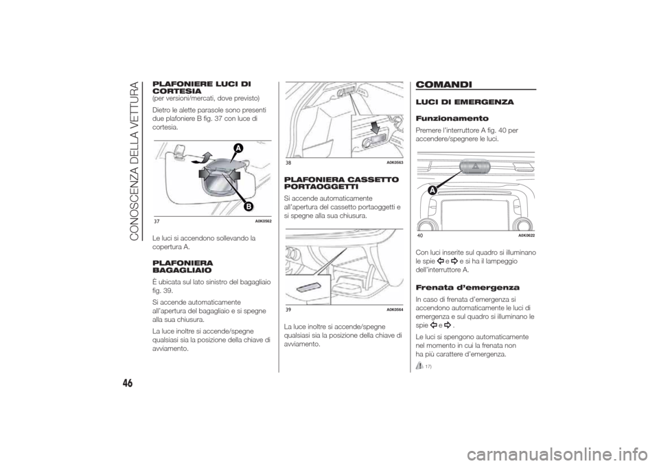 Alfa Romeo Giulietta 2014  Manuale del proprietario (in Italian) PLAFONIERE LUCI DI
CORTESIA
(per versioni/mercati, dove previsto)
Dietro le alette parasole sono presenti
due plafoniere B fig. 37 con luce di
cortesia.
Le luci si accendono sollevando la
copertura A.
