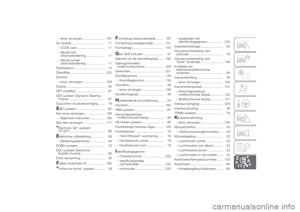 Alfa Romeo Giulietta 2014  Handleiding (in Dutch) – lamp vervangen ......................... 191
De sleutels ..................................... 11
– CODE-card ............................... 11
– Sleutel met
afstandsbediening ...............