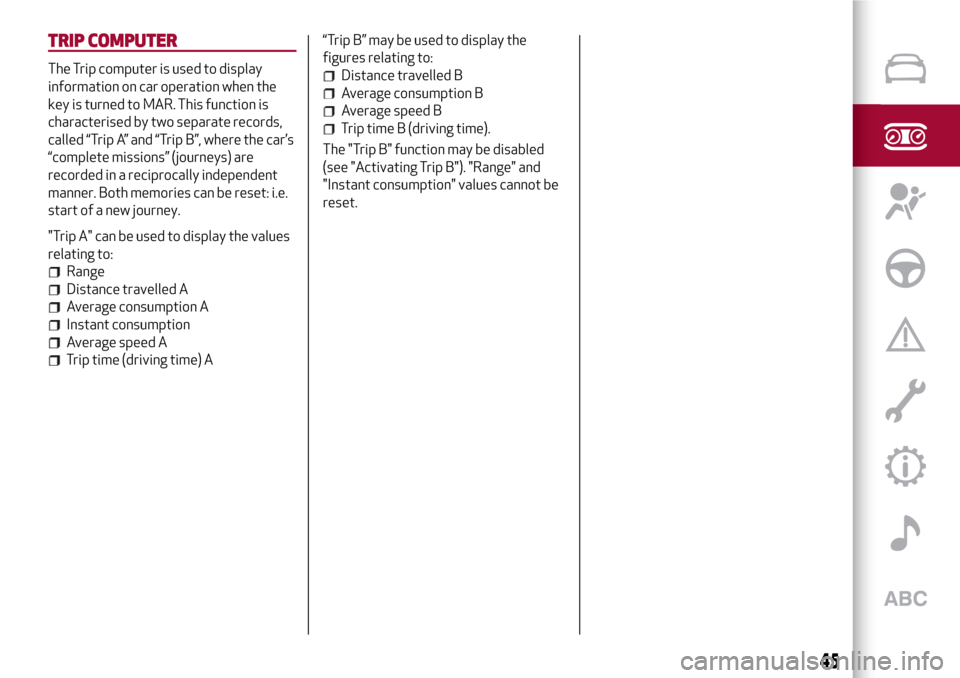Alfa Romeo MiTo 2017  Owners Manual TRIP COMPUTER
The Trip computer is used to display
information on car operation when the
key is turned to MAR. This function is
characterised by two separate records,
called “Trip A” and “Trip B