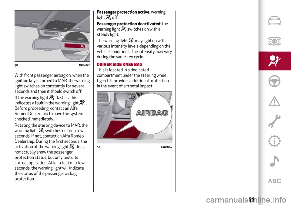 Alfa Romeo MiTo 2017  Owners Manual With front passenger airbag on, when the
ignition key is turned to MAR, the warning
light switches on constantly for several
seconds and then it should switch off.
If the warning light
flashes, this
i