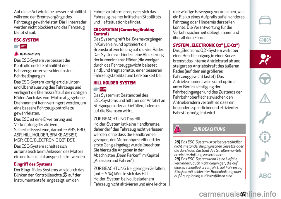Alfa Romeo MiTo 2017 Betriebsanleitung (in German) Auf diese Art wird eine bessere Stabilität
während der Bremsvorgänge des
Fahrzeugs gewährleistet. Die Hinterräder
werden nicht blockiert und das Fahrzeug
bleibt stabil.
ESC-SYSTEM
28) 29) 30) 31) Alfa Romeo MiTo 2017 Betriebsanleitung (in German) Auf diese Art wird eine bessere Stabilität
während der Bremsvorgänge des
Fahrzeugs gewährleistet. Die Hinterräder
werden nicht blockiert und das Fahrzeug
bleibt stabil.
ESC-SYSTEM
28) 29) 30) 31)