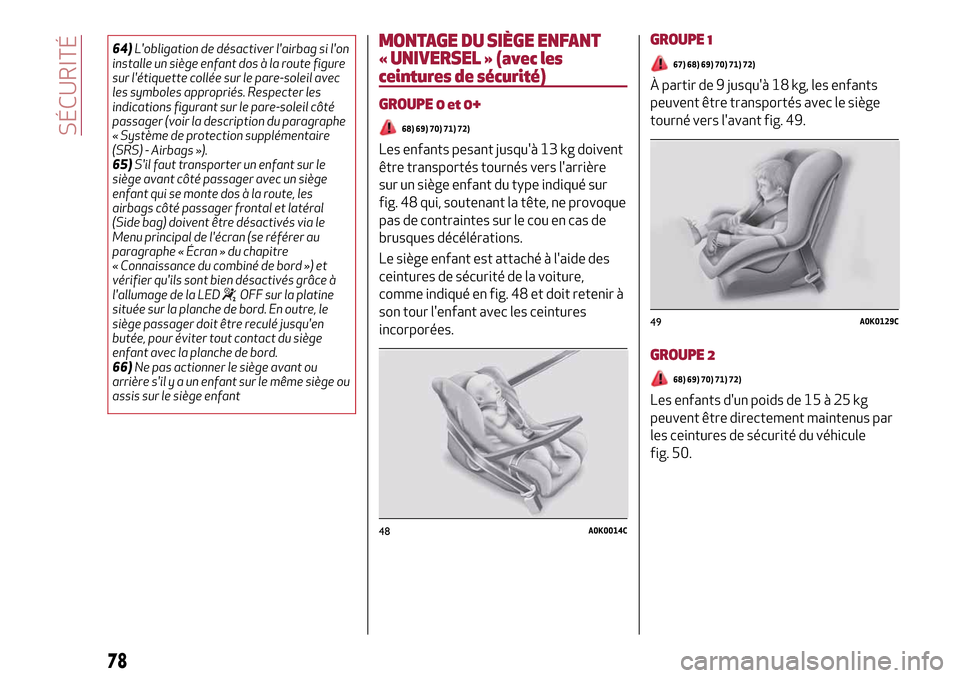 Alfa Romeo MiTo 2017  Manuel du propriétaire (in French) 64)Lobligation de désactiver lairbag si lon
installe un siège enfant dos à la route figure
sur létiquette collée sur le pare-soleil avec
les symboles appropriés. Respecter les
indications fi