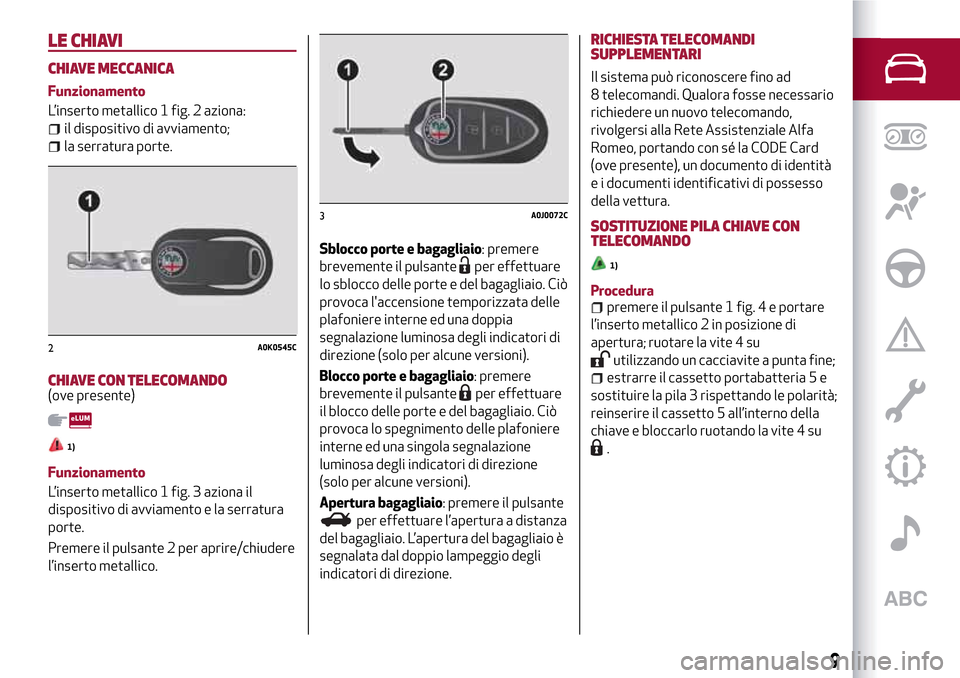 Alfa Romeo MiTo 2017  Manuale del proprietario (in Italian) LE CHIAVI
CHIAVE MECCANICA
Funzionamento
L’inserto metallico 1 fig. 2 aziona:
il dispositivo di avviamento;
la serratura porte.
CHIAVE CON TELECOMANDO(ove presente)
1)
Funzionamento
L’inserto meta