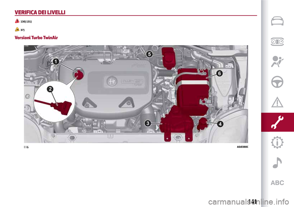 Alfa Romeo MiTo 2017  Manuale del proprietario (in Italian) VERIFICA DEI LIVELLI
130) 131)
37)
Versioni Turbo TwinAir
116A0J0380C
141 