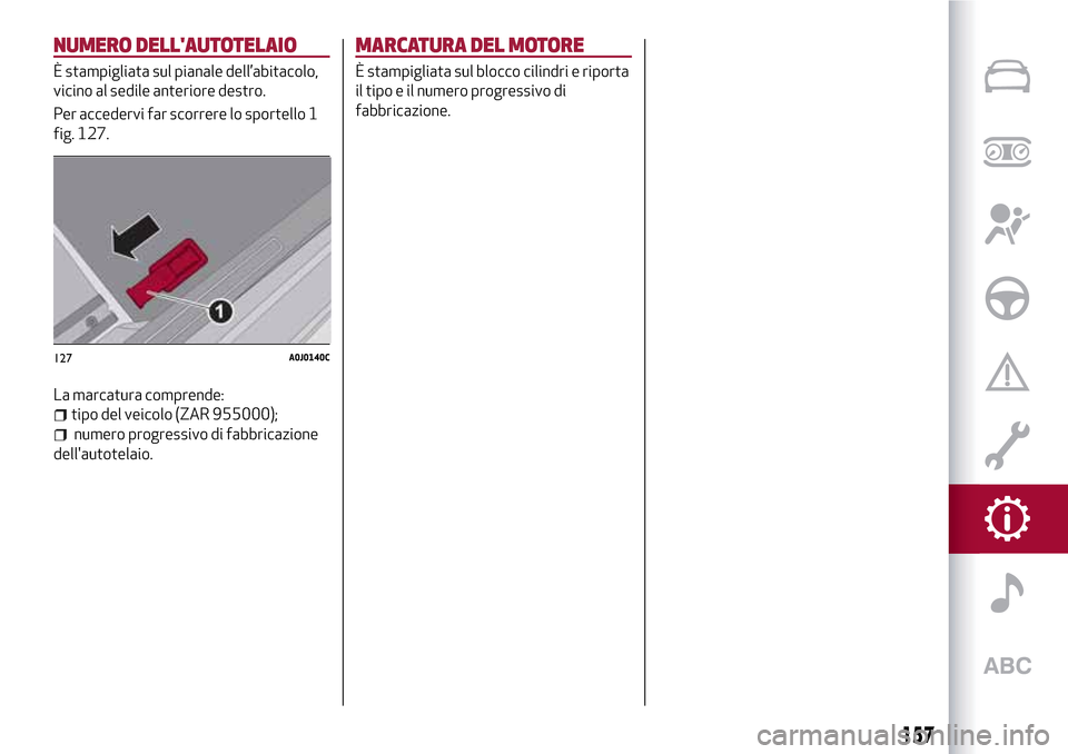 Alfa Romeo MiTo 2017  Manuale del proprietario (in Italian) NUMERO DELLAUTOTELAIO
È stampigliata sul pianale dell’abitacolo,
vicino al sedile anteriore destro.
Per accedervi far scorrere lo sportello 1
fig. 127.
La marcatura comprende:
tipo del veicolo (ZA