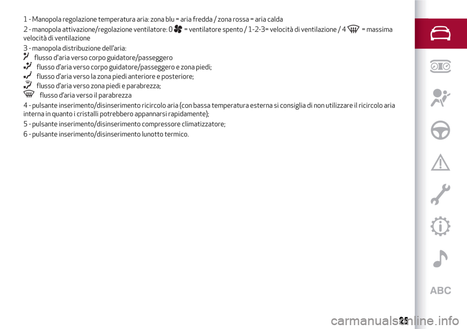 Alfa Romeo MiTo 2017  Manuale del proprietario (in Italian) 1 - Manopola regolazione temperatura aria: zona blu = aria fredda / zona rossa = aria calda
2 - manopola attivazione/regolazione ventilatore: 0
= ventilatore spento / 1-2-3= velocità di ventilazione 