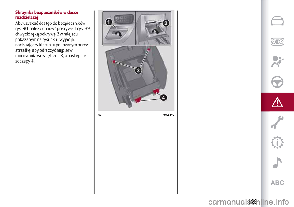 Alfa Romeo MiTo 2017  Instrukcja Obsługi (in Polish) 89A0J0334C
123
Skrzynka bezpieczników w desce
rozdzielczej
Aby uzyskać dostęp do bezpieczników
rys. 90, należy obniżyć pokrywę 1 rys. 89,
chwycić ręką pokrywę 2 w miejscu
pokazanym na rysu