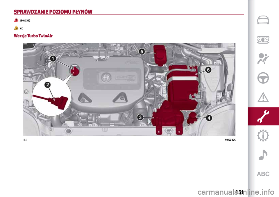 Alfa Romeo MiTo 2017  Instrukcja Obsługi (in Polish) SPRAWDZANIE POZIOMU PŁYNÓW
130) 131)
37)
Wersje Turbo TwinAir
116A0J0380C
151 