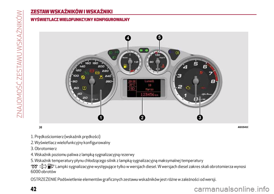 Alfa Romeo MiTo 2017  Instrukcja Obsługi (in Polish) ZESTAW WSKAŹNIKÓW I WSKAŹNIKI
WYŚWIETLACZ WIELOFUNKCYJNY KONFIGUROWALNY
1. Prędkościomierz (wskaźnik prędkości)
2. Wyświetlacz wielofunkcyjny konfigurowalny
3. Obrotomierz
4. Wskaźnik pozio