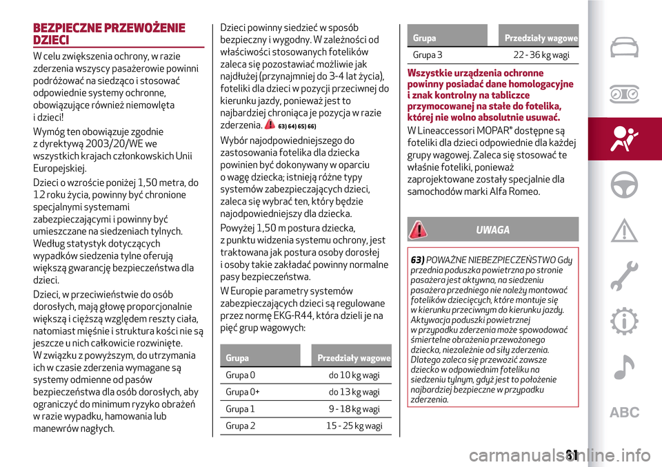 Alfa Romeo MiTo 2017  Instrukcja Obsługi (in Polish) BEZPIECZNE PRZEWOŻENIE
DZIECI
W celu zwiększenia ochrony, w razie
zderzenia wszyscy pasażerowie powinni
podróżować na siedząco i stosować
odpowiednie systemy ochronne,
obowiązujące również