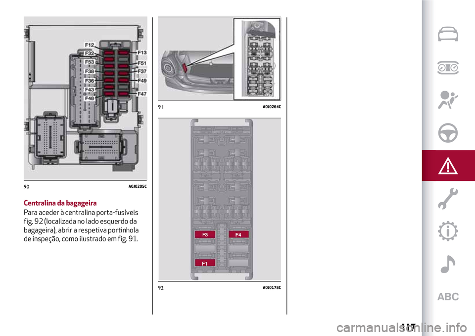 Alfa Romeo MiTo 2017  Manual do proprietário (in Portuguese) Centralina da bagageira
Para aceder à centralina porta-fusíveis
fig. 92 (localizada no lado esquerdo da
bagageira), abrir a respetiva portinhola
de inspeção, como ilustrado em fig. 91.
90A0J0205C

