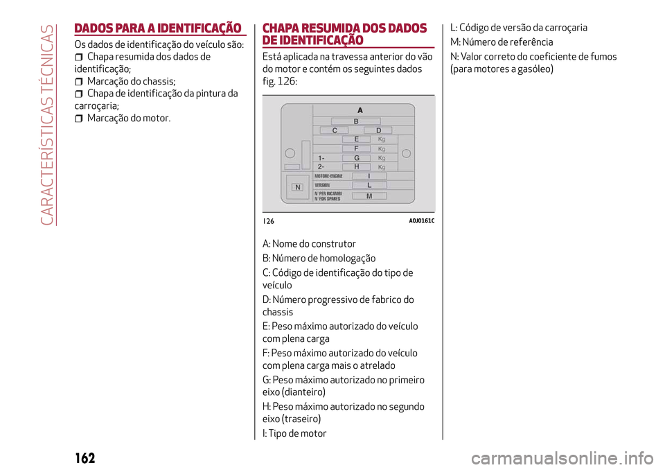 Alfa Romeo MiTo 2017  Manual do proprietário (in Portuguese) DADOS PARA A IDENTIFICAÇÃO
Os dados de identificação do veículo são:
Chapa resumida dos dados de
identificação;
Marcação do chassis;
Chapa de identificação da pintura da
carroçaria;
Marca