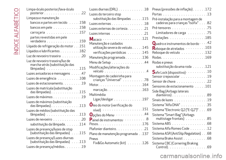 Alfa Romeo MiTo 2017  Manual do proprietário (in Portuguese) Limpa-óculo posterior/lava-óculo
posterior.................22
Limpeza e manutenção
bancos e partes em tecido.....158
bancos em pele............158
carroçaria...............157
partes revestidas e