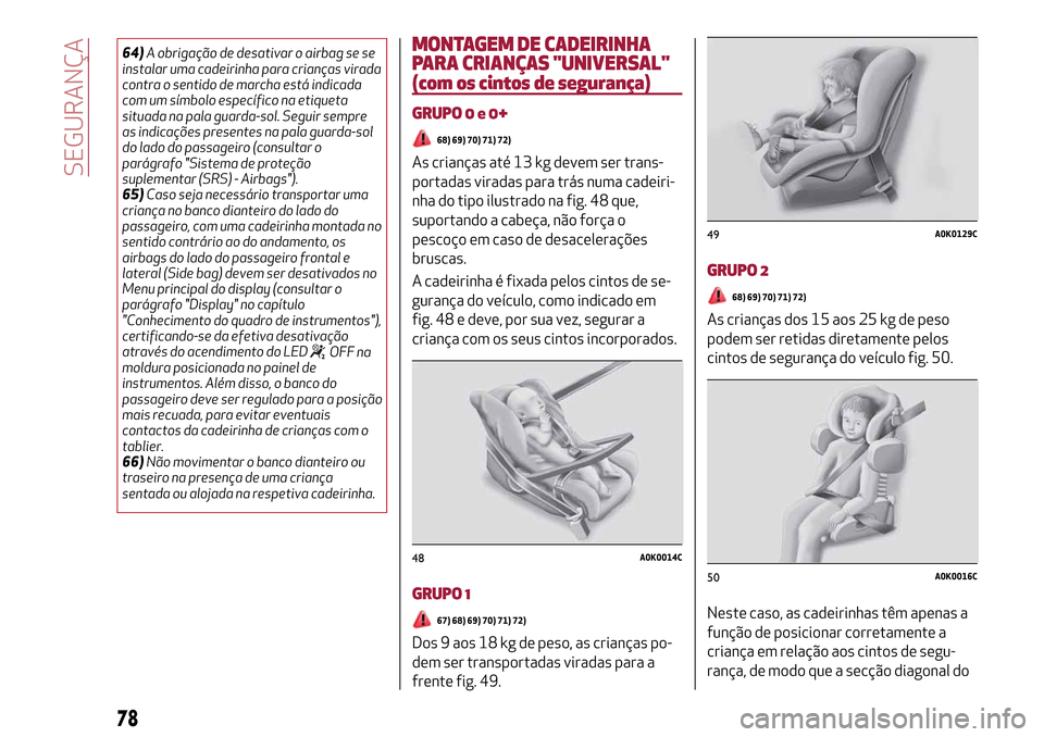 Alfa Romeo MiTo 2017  Manual do proprietário (in Portuguese) 64)A obrigação de desativar o airbag se se
instalar uma cadeirinha para crianças virada
contra o sentido de marcha está indicada
com um símbolo específico na etiqueta
situada na pala guarda-sol.