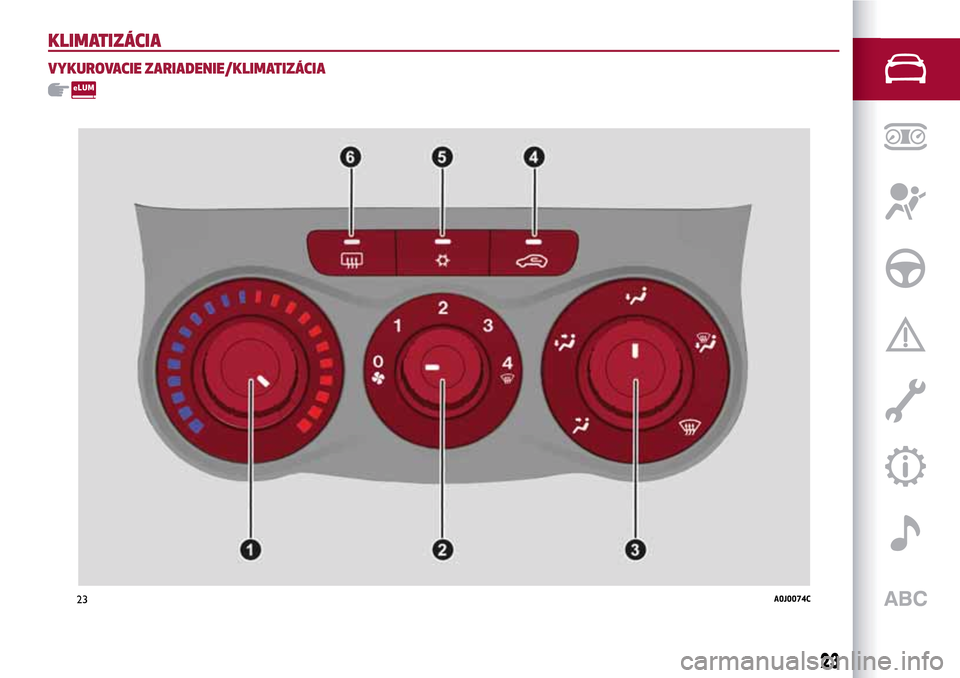 Alfa Romeo MiTo 2017  Užívateľská príručka (in Slovak) KLIMATIZÁCIA
VYKUROVACIE ZARIADENIE/KLIMATIZÁCIA
23A0J0074C
23 