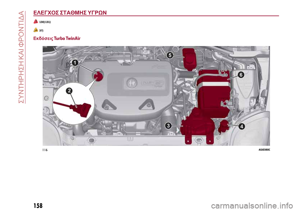 Alfa Romeo MiTo 2017  Εγχειρίδιο χρήσης (in Greek) ΕΛΕΓΧΟΣ ΣΤΑΘΜΗΣ ΥΓΡΩΝ
130) 131)
37)
ΕκδόσειςTurbo TwinAir
116A0J0380C
158
ΣΥΝΤΗΡΗΣΗ ΚΑΙ ΦΡΟΝΤΙΔΑ 