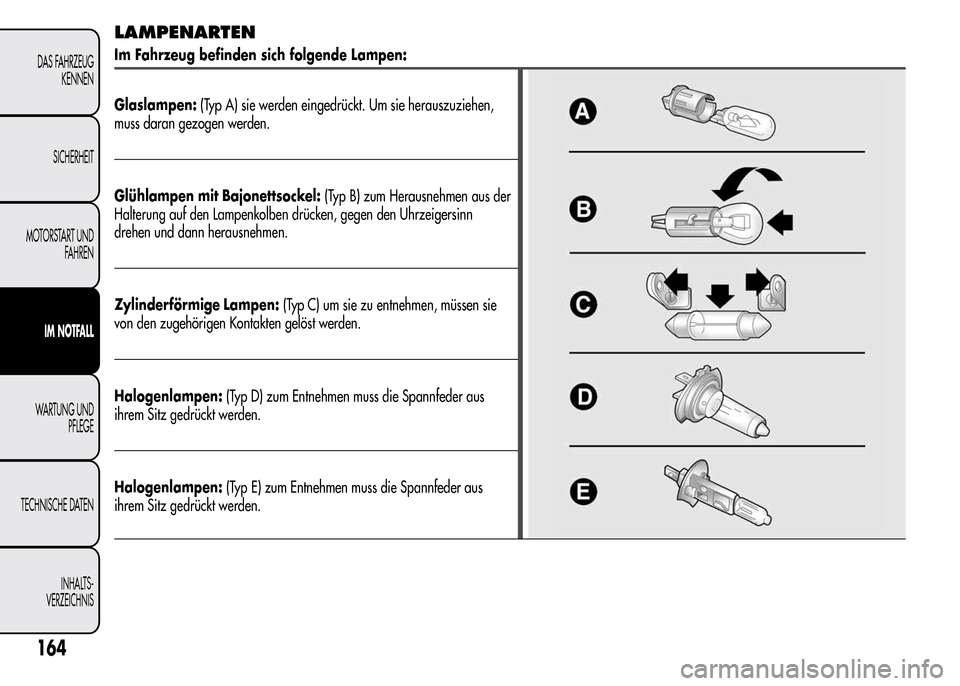 Alfa Romeo MiTo 2016  Betriebsanleitung (in German) LAMPENARTEN
Im Fahrzeug befinden sich folgende Lampen:
Glaslampen:(Typ A) sie werden eingedrückt. Um sie herauszuziehen,
muss daran gezogen werden.
Glühlampen mit Bajonettsockel:(Typ B) zum Herausne