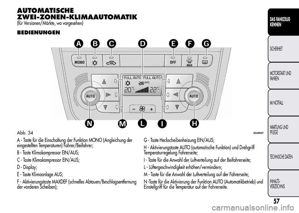 Alfa Romeo MiTo 2016  Betriebsanleitung (in German) AUTOMATISCHE
ZWEI-ZONEN-KLIMAAUTOMATIK
(für Versionen/Märkte, wo vorgesehen)
BEDIENUNGEN
A - Taste für die Einschaltung der Funktion MONO (Angleichung der
eingestellten Temperaturen) Fahrer/Beifahr