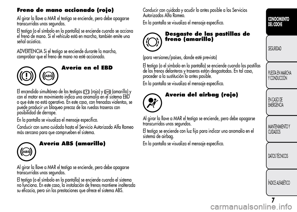 Alfa Romeo MiTo 2016 Manual del propietario (in Spanish) Freno de mano accionado (rojo)
Al girar la llave a MAR el testigo se enciende, pero debe apagarse
transcurridos unos segundos.
El testigo (o el símbolo en la pantalla) se enciende cuando se acciona
e Alfa Romeo MiTo 2016 Manual del propietario (in Spanish) Freno de mano accionado (rojo)
Al girar la llave a MAR el testigo se enciende, pero debe apagarse
transcurridos unos segundos.
El testigo (o el símbolo en la pantalla) se enciende cuando se acciona
e