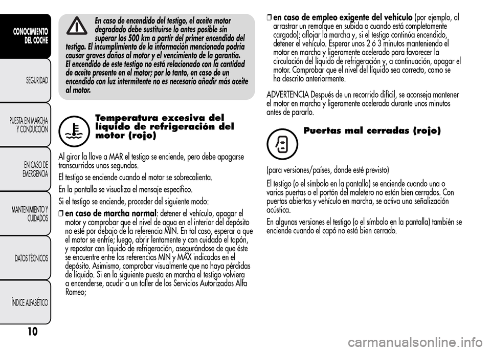 Alfa Romeo MiTo 2016 Manual del propietario (in Spanish) En caso de encendido del testigo, el aceite motor
degradado debe sustituirse lo antes posible sin
superar los 500 km a partir del primer encendido del
testigo. El incumplimiento de la información men Alfa Romeo MiTo 2016 Manual del propietario (in Spanish) En caso de encendido del testigo, el aceite motor
degradado debe sustituirse lo antes posible sin
superar los 500 km a partir del primer encendido del
testigo. El incumplimiento de la información men