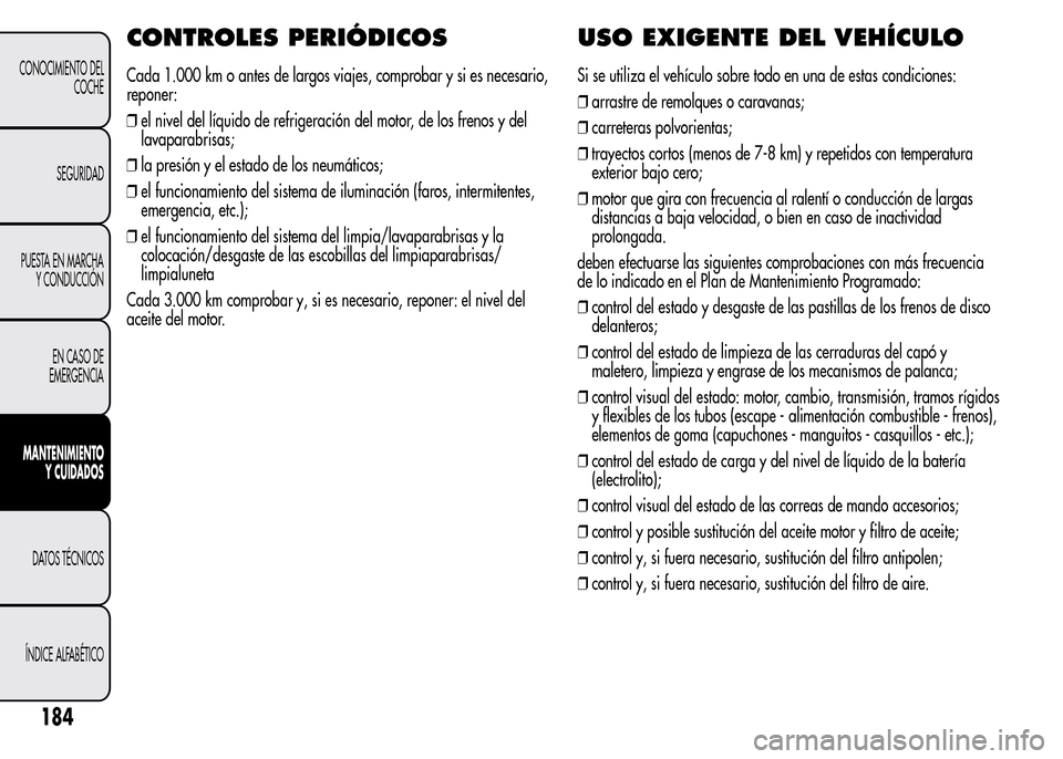 Alfa Romeo MiTo 2016  Manual del propietario (in Spanish) CONTROLES PERIÓDICOS
Cada 1.000 km o antes de largos viajes, comprobar y si es necesario,
reponer:
❒el nivel del líquido de refrigeración del motor, de los frenos y del
lavaparabrisas;
❒la pres