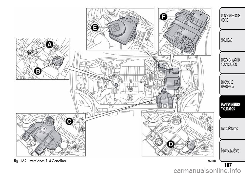 Alfa Romeo MiTo 2016  Manual del propietario (in Spanish) fig. 162 - Versiones 1.4 GasolinaA0J0300
187
CONOCIMIENTO DEL
COCHE
SEGURIDAD
PUESTA EN MARCHA
Y CONDUCCIÓN
EN CASO DE
EMERGENCIA
MANTENIMIENTO
Y CUIDADOS
DATOS TÉCNICOS
ÍNDICE ALFABÉTICO 