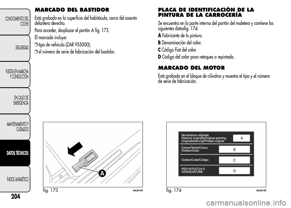 Alfa Romeo MiTo 2016  Manual del propietario (in Spanish) MARCADO DEL BASTIDOR
Está grabado en la superficie del habitáculo, cerca del asiento
delantero derecho.
Para acceder, desplazar el portón A fig. 173.
El marcado incluye:
❒tipo de vehículo (ZAR 9