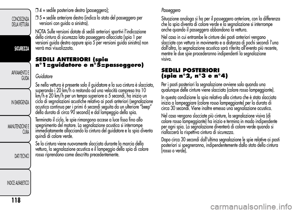 Alfa Romeo MiTo 2016 Manuale del proprietario (in Italian) ❒4 = sedile posteriore destro (passeggero);
❒5 = sedile anteriore destro (indica lo stato del passeggero per
versioni con guida a sinistra).
NOTA Sulle versioni dotate di sedili anteriori sportivi Alfa Romeo MiTo 2016 Manuale del proprietario (in Italian) ❒4 = sedile posteriore destro (passeggero);
❒5 = sedile anteriore destro (indica lo stato del passeggero per
versioni con guida a sinistra).
NOTA Sulle versioni dotate di sedili anteriori sportivi
