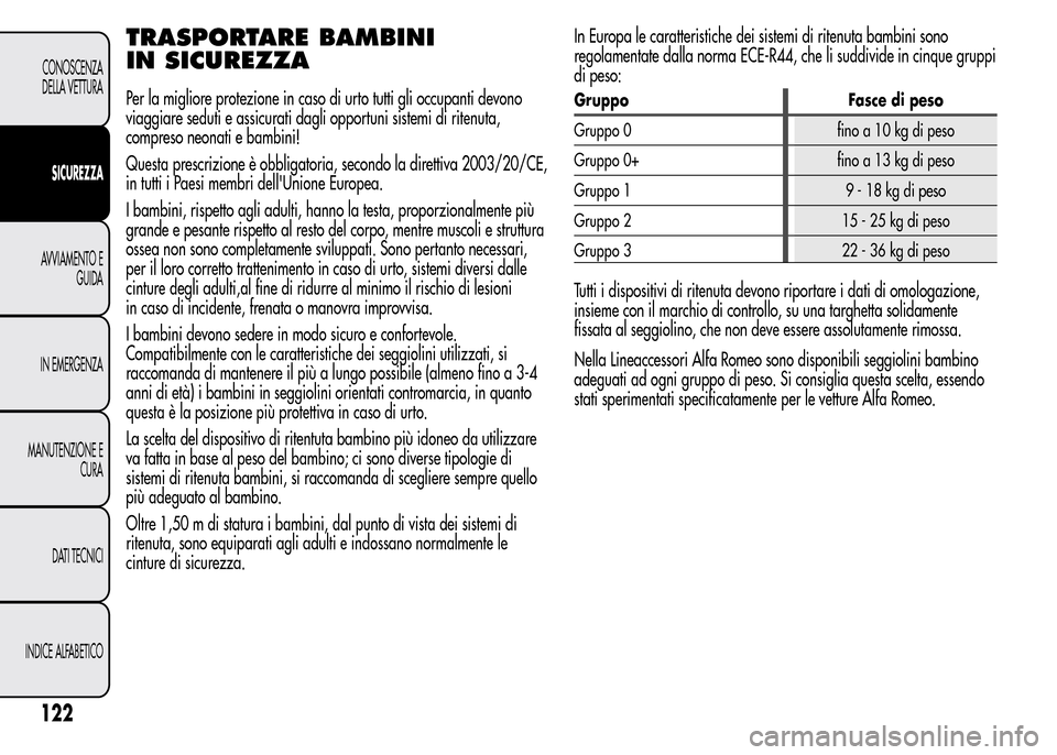 Alfa Romeo MiTo 2016 Manuale del proprietario (in Italian) TRASPORTARE BAMBINI
IN SICUREZZA
Per la migliore protezione in caso di urto tutti gli occupanti devono
viaggiare seduti e assicurati dagli opportuni sistemi di ritenuta,
compreso neonati e bambini!
Qu Alfa Romeo MiTo 2016 Manuale del proprietario (in Italian) TRASPORTARE BAMBINI
IN SICUREZZA
Per la migliore protezione in caso di urto tutti gli occupanti devono
viaggiare seduti e assicurati dagli opportuni sistemi di ritenuta,
compreso neonati e bambini!
Qu