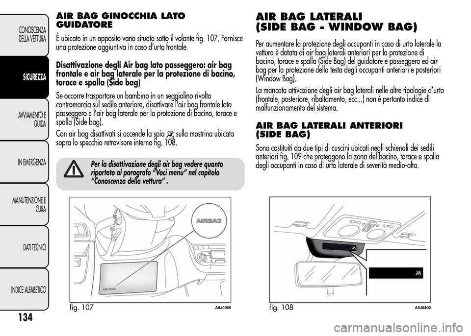 Alfa Romeo MiTo 2016 Manuale del proprietario (in Italian) AIR BAG GINOCCHIA LATO
GUIDATORE
È ubicato in un apposito vano situato sotto il volante fig. 107. Fornisce
una protezione aggiuntiva in caso d’urto frontale.
Disattivazione degli Air bag lato passe Alfa Romeo MiTo 2016 Manuale del proprietario (in Italian) AIR BAG GINOCCHIA LATO
GUIDATORE
È ubicato in un apposito vano situato sotto il volante fig. 107. Fornisce
una protezione aggiuntiva in caso d’urto frontale.
Disattivazione degli Air bag lato passe